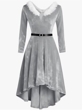 Elegant Gray Velvet High-Low Dress with Faux Fur Trim Size S